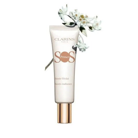 Clarins SOS Primer 00 White 30ml tube, brightening makeup primer, displayed on a neutral background with branding details.