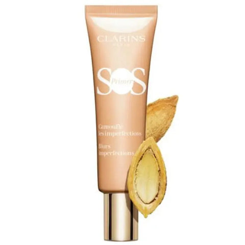Clarins SOS Primer 02 Peach 30ml, a lightweight makeup primer with a peach tint, designed to brighten and hydrate skin.