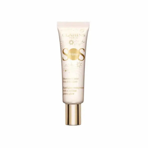 Clarins SOS Primer Base Golden Glow Limited Edition 2024, a radiant makeup primer in a sleek tube with gold accents.