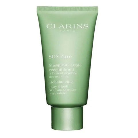 Clarins SOS Pure Rebalancing Clay Mask 75ml, a clay mask for oily and blemish-prone skin, displayed in a jar with product label.