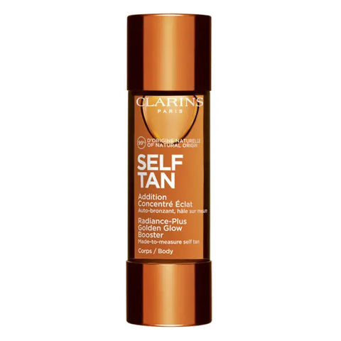 Clarins Self Tan Radiance-Plus Golden Glow Booster for Body in 30ml bottle, shown with product label and sleek packaging.