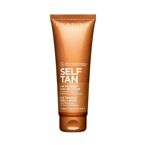 Clarins self-tanning milky lotion for face and body in 125ml bottle, with smooth, lightweight texture and natural glow finish.