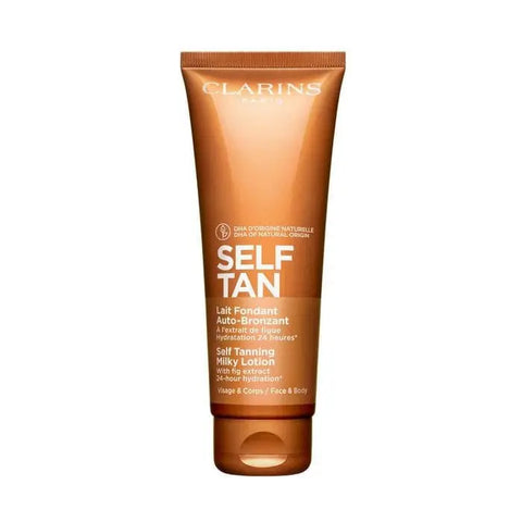Clarins self-tanning milky lotion for face and body in 125ml bottle, designed for a natural sun-kissed glow.