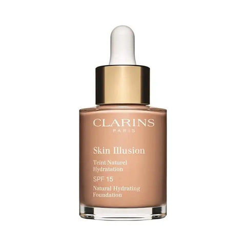 Clarins Skin Illusion Natural Hydrating Foundation SPF15 in shade 107 Beige, 30ml bottle, with a sleek foundation compact.