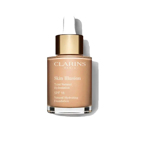 Clarins Skin Illusion Natural Hydrating Foundation SPF15 in shade 108.3 Organza, 30ml bottle with a sleek compact design.