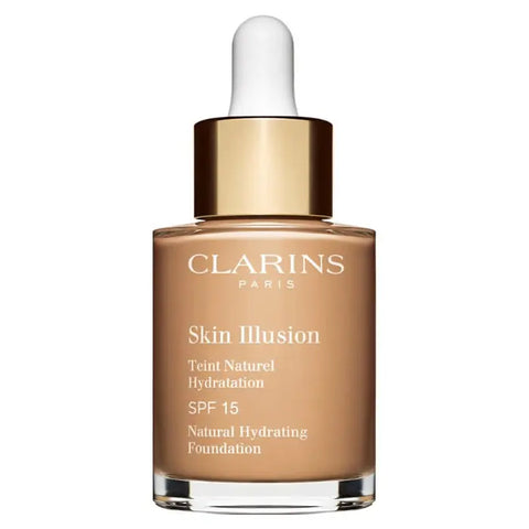 Clarins Skin Illusion Natural Hydrating Foundation SPF15 in shade 110 Honey, 30ml bottle, with foundation and packaging visible.