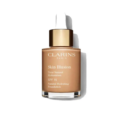 Clarins Skin Illusion Natural Hydrating Foundation SPF 15 in shade 111 Auburn, 30ml, with a sleek bottle and foundation applicator.