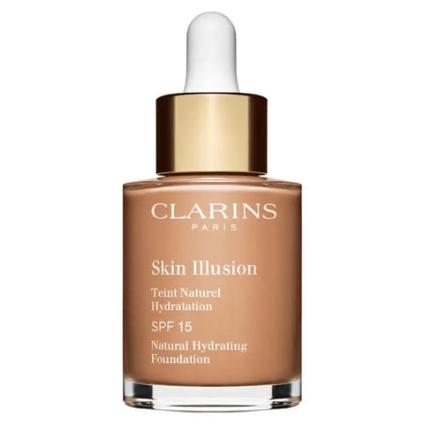 Clarins Skin Illusion Natural Hydrating Foundation SPF15 in shade 112 Amber, 30ml bottle with foundation pump.