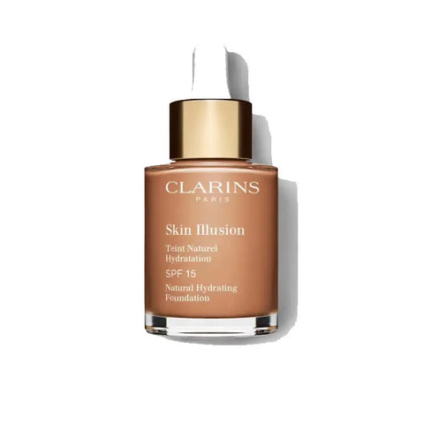 Clarins Skin Illusion Natural Hydrating Foundation SPF15 in Sandalwood 30ml with sleek bottle, showcased on a neutral background.
