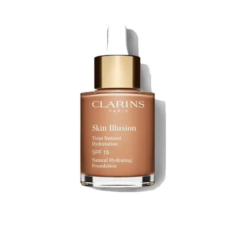 Clarins Skin Illusion Natural Hydrating Foundation SPF15 in Sandalwood 30ml, with a sleek bottle and foundation applicator.