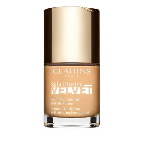 Clarins Skin Illusion Velvet foundation in shade 105N, 30ml bottle, showcasing smooth, natural finish and elegant packaging.