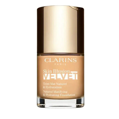 Clarins Skin Illusion Velvet foundation in shade 105N, 30ml bottle, with sleek packaging from Jag Couture London New York.