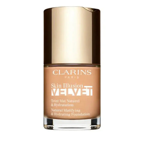 Clarins Skin Illusion Velvet foundation in shade 107C, 30ml bottle, featuring smooth, luminous makeup finish.