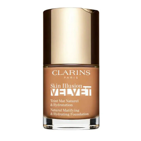Clarins Skin Illusion Velvet foundation bottle in shade 114N, 30ml, with sleek packaging from Jag Couture London New York.