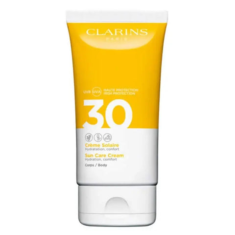 Clarins Sun Care Cream SPF30 for body in 150ml jar, with smooth creamy texture, displayed on a neutral background