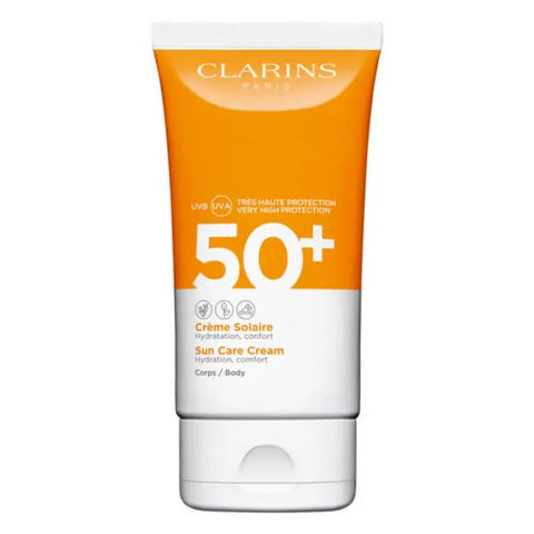 Clarins Sun Care Cream SPF50+ for body in 150ml tube, suitable for protecting skin from sun damage.
