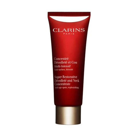 Clarins Super Restorative Décolleté and Neck Concentrate 75ml, a skincare product in a white tube with a purple cap.