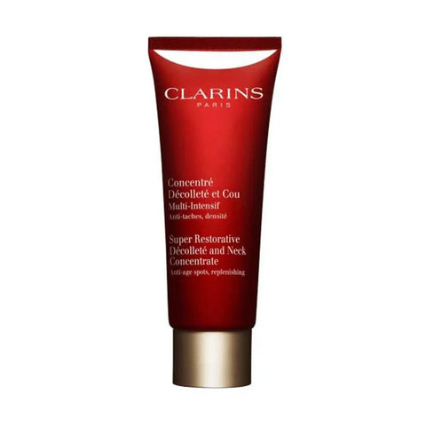 Clarins Super Restorative Décolleté and Neck Concentrate 75ml bottle with elegant packaging and product details.