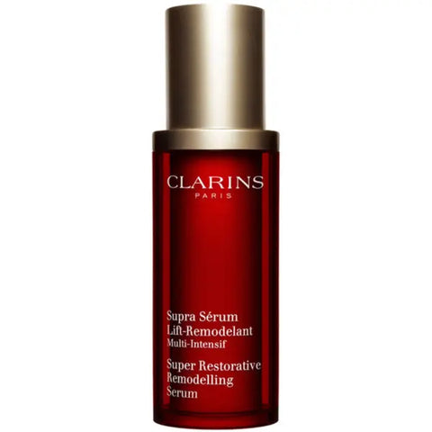 Clarins Super Restorative Remodelling Serum 50ml bottle, featuring sleek design with brand logo, on a neutral background.