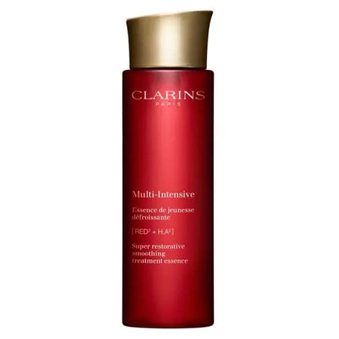 Clarins Super Restorative Smoothing Treatment Essence 200ml bottle, featuring sleek design and product label, on a neutral background.