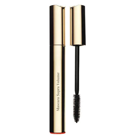 Clarins Supra Volume Mascara in 01 Intense Black with a sleek black tube, shown on a neutral background.