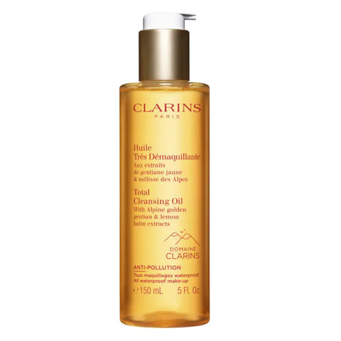 Clarins Total Cleansing Oil 150ml, a gentle facial cleansing oil displayed in a clear bottle, on a neutral background.