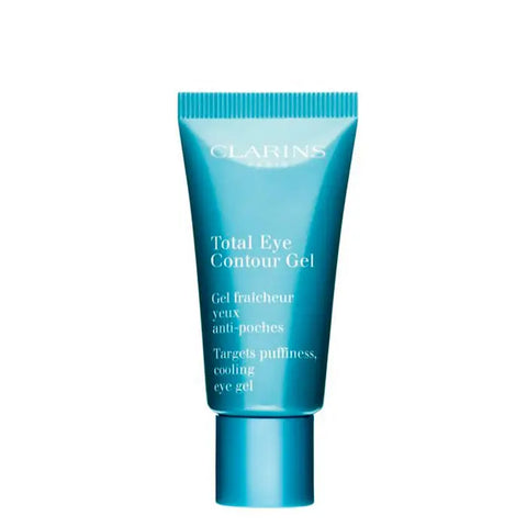 Clarins Total Eye Contour Gel 20ml in a sleek jar, designed to reduce puffiness and brighten the under-eye area.