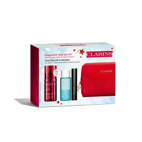 Set of four Clarins Total Eye Lift 15ml eye care products in elegant packaging, designed to reduce puffiness and brighten the eye area.