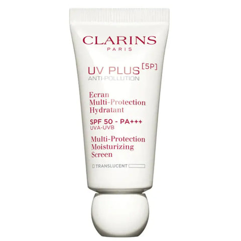 Clarins UV Plus Anti-Pollution SPF50 PA+++ 30ml sunscreen bottle with pump dispenser, featured in a sleek packaging.