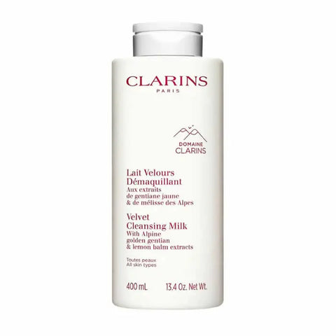 Clarins Velvet Cleansing Milk 400ml in a white bottle, designed for gentle facial cleansing, by Jag Couture London New York.