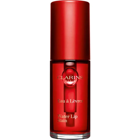 Clarins Water Lip Stain 03 Red Water in a sleek tube, shown with the applicator and vibrant red lip stain.
