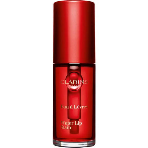 Clarins Water Lip Stain 03 Red Water applied on lips, showcasing vibrant red color and glossy finish, by Jag Couture London New York