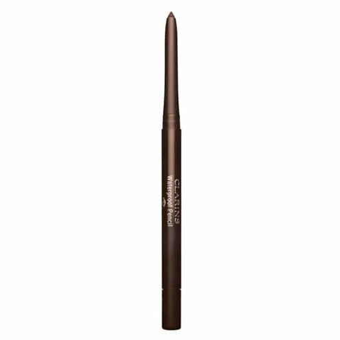 Waterproof Clarins pencil in shade 02 Chestnut, featuring a sleek black design, suitable for precise eye or brow application.