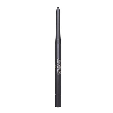 Clarins Waterproof Pencil 06 Smoked Wood eyeliner in black-brown, shown with the pencil tip and packaging.
