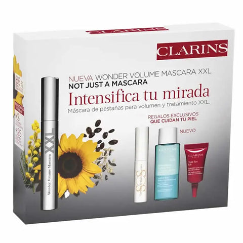 Set of four Clarins Wonder Volume Mascara XXL tubes, featuring black mascara with sleek packaging from Jag Couture London New York.