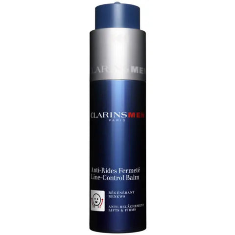 ClarinsMen Line-Control Balm in 50ml jar, shown with sleek packaging from Jag Couture London New York, designed for firming and smoothing.