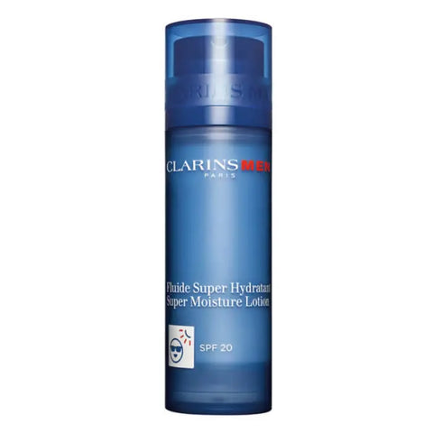 ClarinsMen Super Moisture Lotion SPF20 in 50ml bottle, featuring a sleek design, suited for daily men's skin hydration.