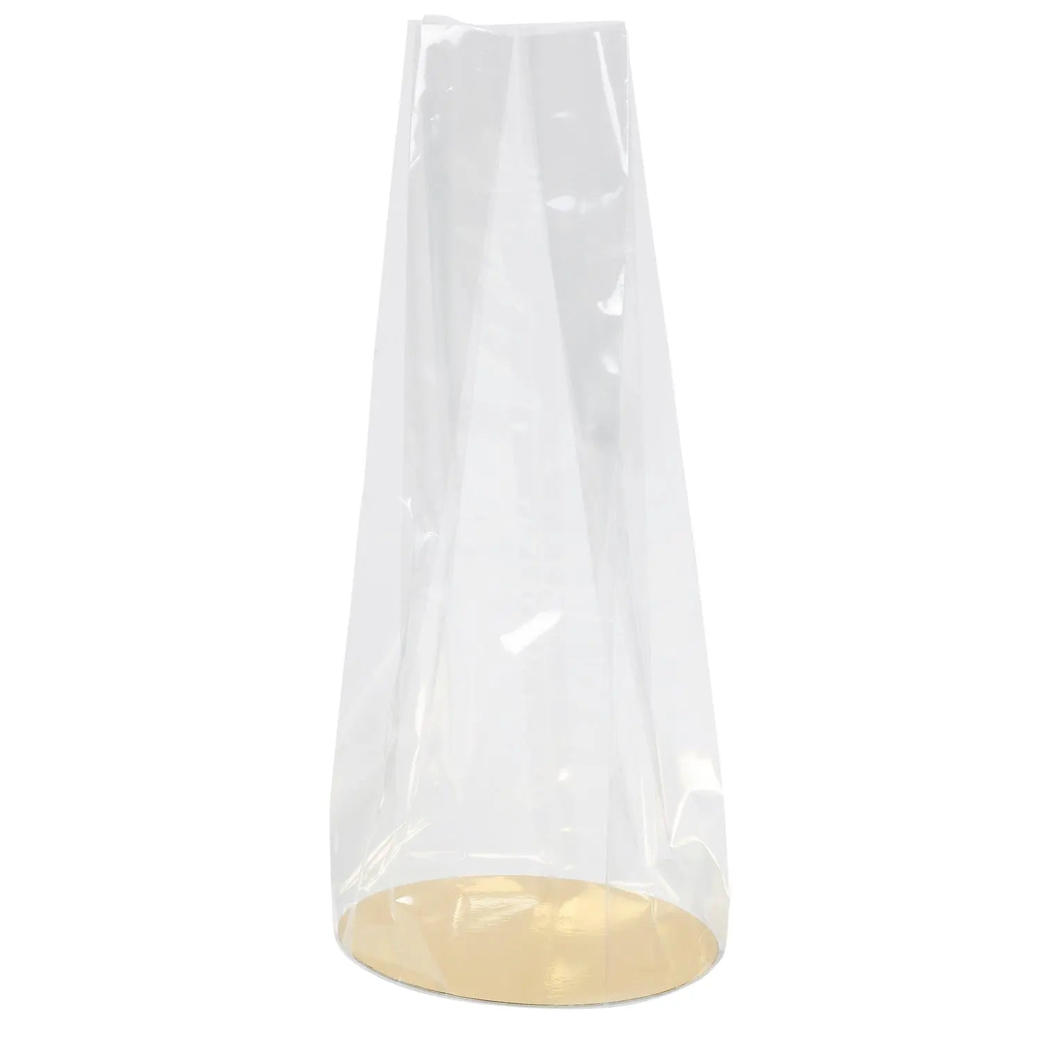 Clear 160mm diameter double gusseted bag with gold base card Jag Couture London - New York