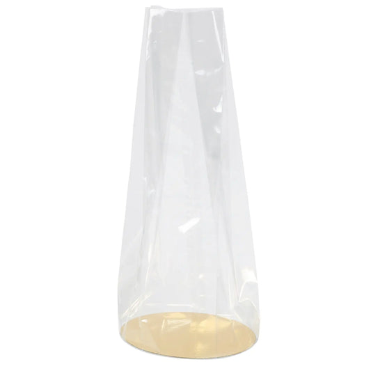 Clear 160mm diameter double gusseted bag with gold base card Jag Couture London - New York