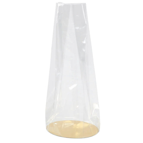Clear 160mm diameter double gusseted bag with gold base card by Jag Couture London New York, showing the transparent design and gold accents.