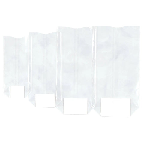 Clear block bottomed cello bags by Jag Couture London New York, 140 x 305mm, showing transparent packaging with sealed block bottoms.