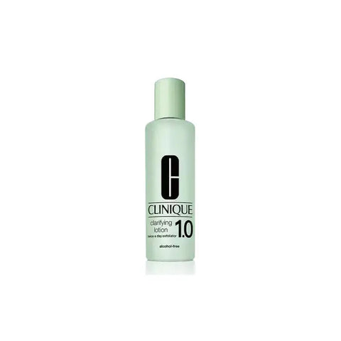 Clinique Clarifying Lotion 1.0, a 400ml exfoliating toner, displayed with a sleek bottle on a neutral background.