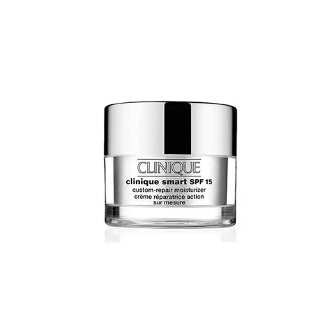 Clinique Smart SPF15 custom repair moisturizer for oily skin in 50ml jar, with tube and pump dispenser.