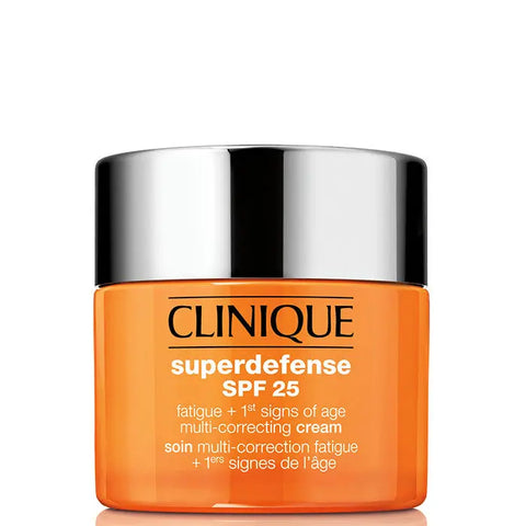 Clinique Superdefense SPF25 multi-correcting cream jar showing product label and open lid, 30ml size, from Jag Couture London.