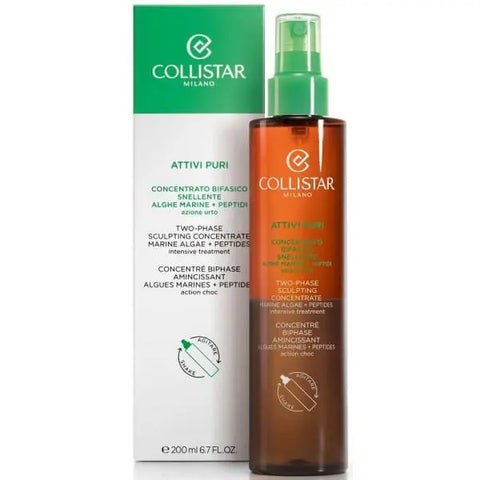 Collistar Attivi Puri Bifasico Snellente with marine algae and peptides in a 200ml bottle, designed for targeted body slimming.