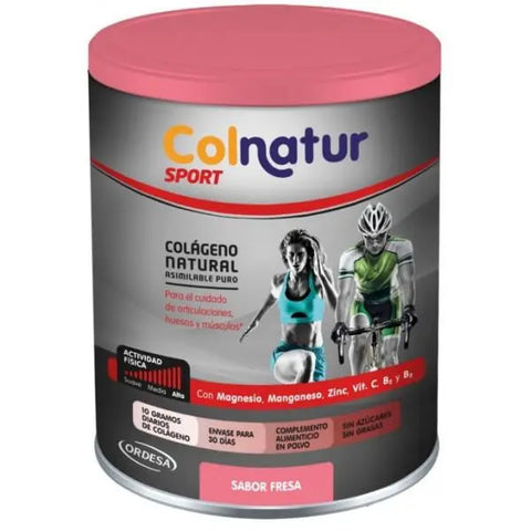 Jar of Colnatur Sport strawberry flavor collagen supplement by Jag Couture London New York, 351g, with a strawberry-themed label.