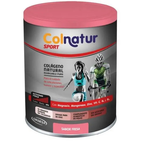 Colnatur Sport strawberry-flavored supplement in 351g package by Jag Couture London New York.