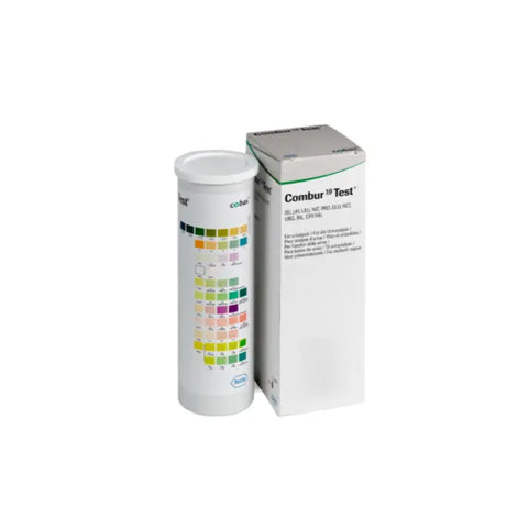 Combur 10 test strips by Jag Couture London New York for urine analysis, shown in a clear image with 100 strips in packaging.