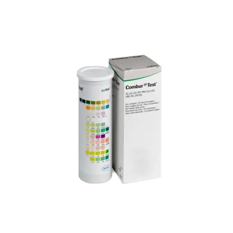 Combur 10 urine test strips by Jag Couture London New York, 100 strips for medical testing, shown in a close-up image.