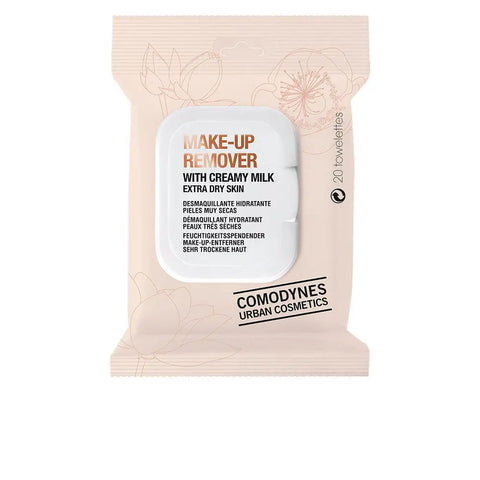 Comodynes makeup remover wipes for dry skin, 20-count, by Jag Couture London - New York, showing packaging and wipes.